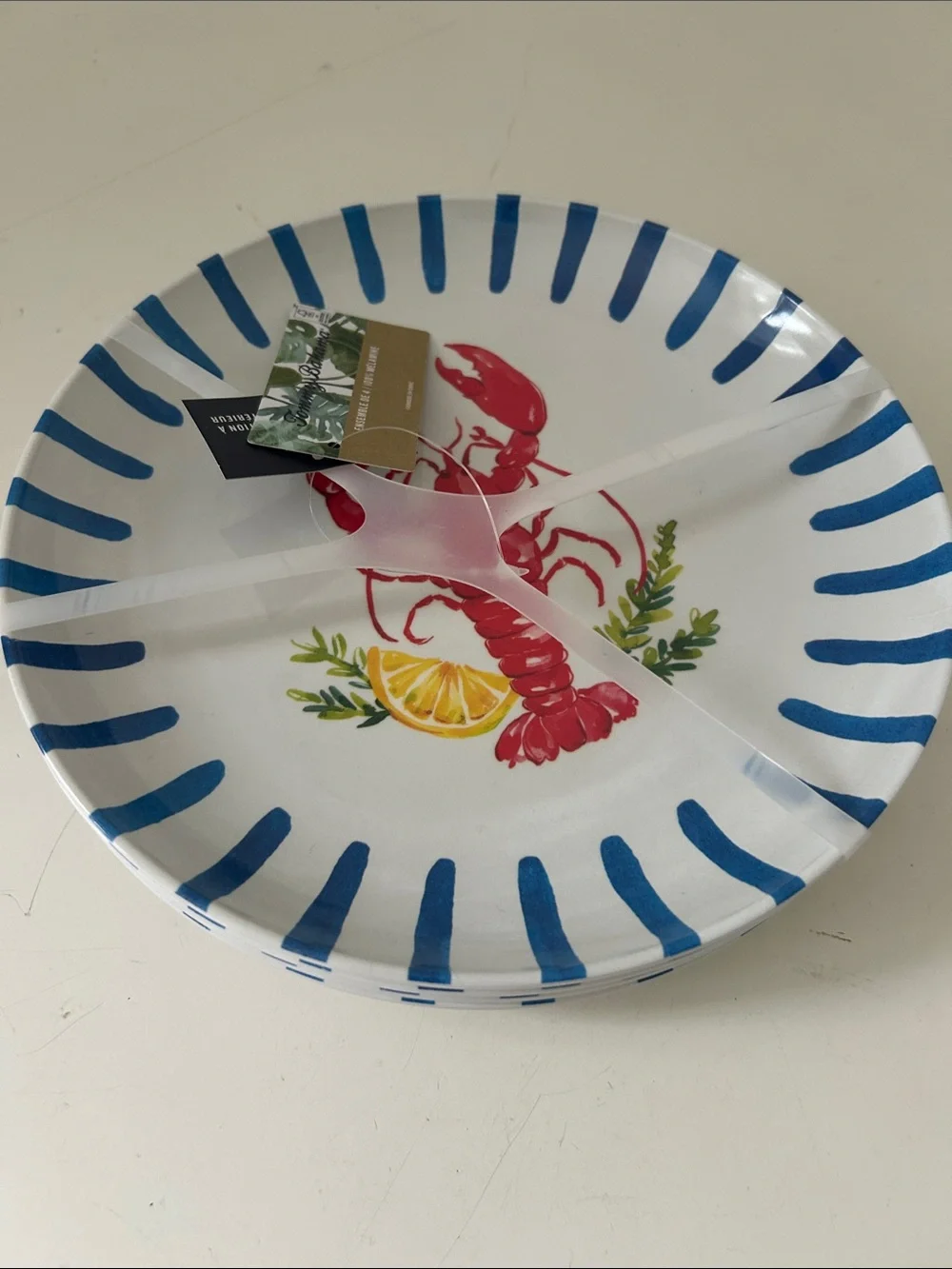 4 NEW Coastal Blue-Trim White Lobster Melamine Salad Plates